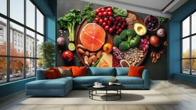 A balanced plate of food with lean proteins, whole grains, colorful vegetables, and healthy fats. AI generated Wall mural