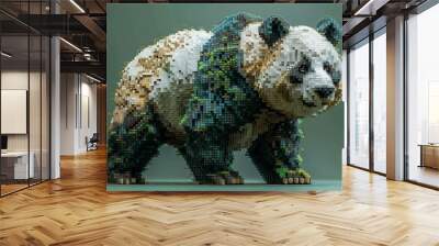 a panda bear in a pixel art style on green background. AI generate illustration Wall mural