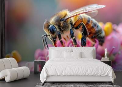 An closeup shot of a bee pollinating a colorful flower. AI generate illustration Wall mural