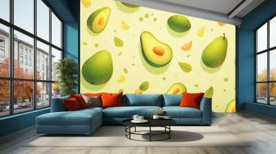 Green avocado with leaves pattern on light background. AI generate illustration Wall mural