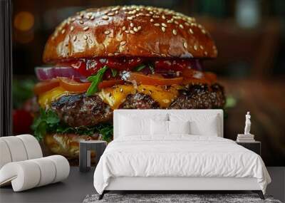 Photo of a hamburger for advertising. AI generate illustration Wall mural