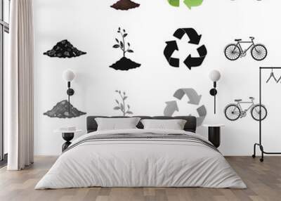 A pile of garbage, an environmentally friendly plant, a bio sign, a green arrow, a bicycle. Ecology set collection icons in cartoon black monochrome outline style vector symbol stock illustration web. Wall mural