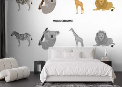 african zebra, animal koala, giraffe, wild predator, lion. wild animals set collection icons in cart Wall mural