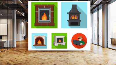 Fire, warmth and comfort. Fireplace set collection icons in flat style vector symbol stock illustration web. Wall mural