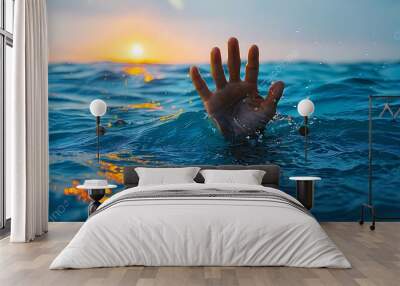 Single hand of drowning man in sea asking for help Sinking person hand AI generated Wall mural