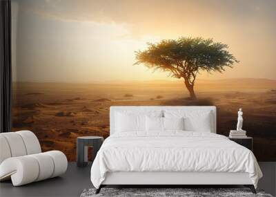 Single tree in the middle of desert Sahara with sands storm nature landscape AI generated Wall mural