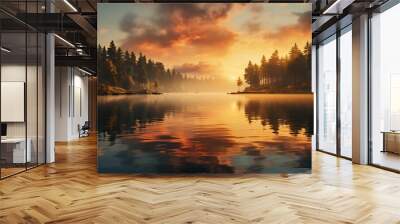 Sunset over a lake with trees in the background Evening Sky Nature Background AI Generated Wall mural