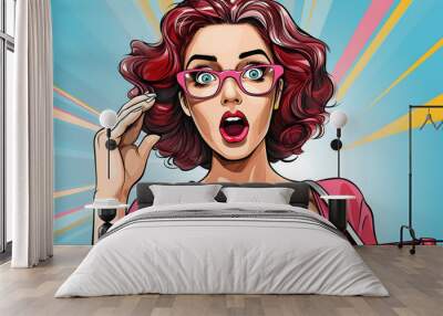 Wow female face Sexy surprised young woman in glasses in pop art retro comic style AI Generated Wall mural