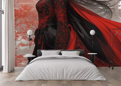 Asian woman in red dramatic Wall mural