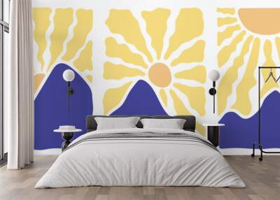 Groovy retro abstract sun and mountain backgrounds. doodle shapes in trendy naive hippie 60s 70s style. Square wavy vector illustration in yellow colors. Wall mural