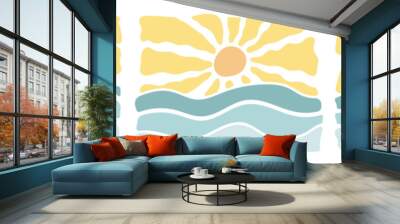 Groovy retro abstract sunset in a sea backgrounds. doodle shapes in trendy naive hippie 60s 70s style. Square wavy vector illustration in yellow colors. Wall mural