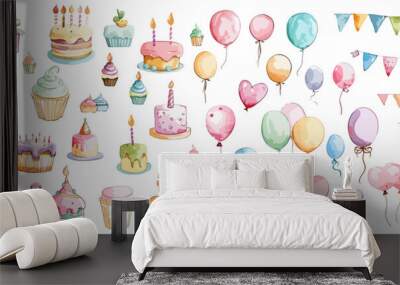 set of birthday party elements watercolor vector illustration isolated on transparent background. Wall mural