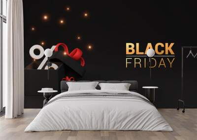 Black friday horizontal banner with black gift box, percentage sign and golden text. Black friday background. 3d render illustration Wall mural