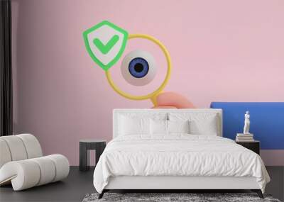 Eyecheck concept. Cartoon human hand in front of an eye holding magnifying glass. 3d render illustration Wall mural