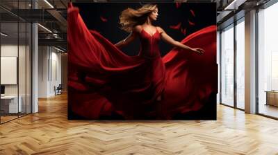 A beautiful stunning caucasian woman is spreading her arms while wearing a dress with eyes closed with flying waving red fabric with a black background ; a full waving red dress Wall mural