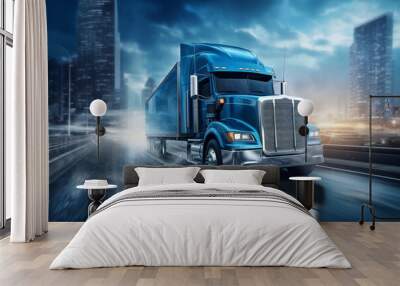 A blue large truck is driving fast with a normal speed on a unoccupied highway surrounded by cities Wall mural