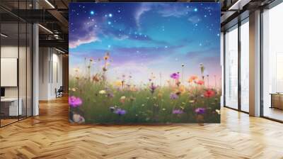 A colorful meadow full of wild flowers on a flat landscape in summer time at night with a sky full of stars, a colorful rustic pastoral landscape panorama design with copy space for greeting cards  Wall mural