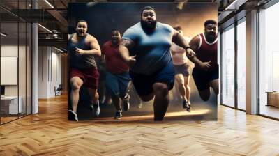 A group of mixed racial male people is running concentrated with running shoes in a contest in a beautiful gym ;mixed obese and slim people Wall mural