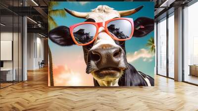 A holiday attractive cow is smiling sunglasses with a colorful  background ; a vacation background or banner Wall mural