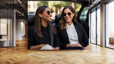 A youthful caucasian business-woman is driving cheerfully with a friend in a expensive modern car in a city street Wall mural