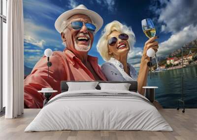 An aged caucasian elder an his wife are travelling cheerful with a glass of wine on a sailing vibrant boat on vacation while retired Wall mural