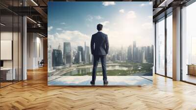 An asian entrepreneur or business man are standing seen from the back with a modern suit with sky-raisers in the beautiful background ; career concept and a business background on a sunny day Wall mural