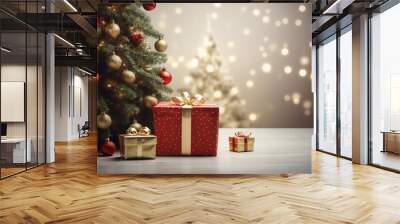 An one christmas gift box are on the floor in front of a decorated christmas tree with red christmas socks in a modern living light room christmas atmosphere Wall mural