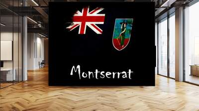 National flag of Montserrat, abbreviated with ms; a realistic 3d image of the national symbol from an independent country painted on a black background with the countryname below Wall mural