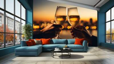 two people African American hands toasting champagne glasses for valentine with a city background, a celebration or engagement concept Wall mural