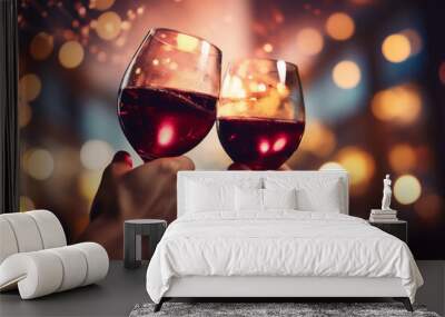 two people hands toasting with red wine glasses during a party in a bar with a light and sparklers background at night, a happy celebration concept Wall mural