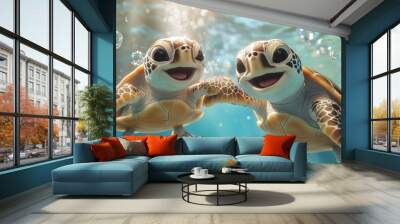 Two happy baby turtles smiling and holding hands in the ocean Wall mural