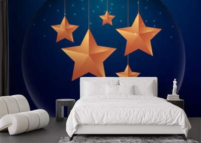 Christmas banner with copy space. Snow globe style golden star and glitter in dark gradient blue vector and illustration  Wall mural