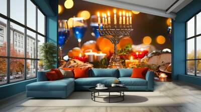 beautifully arranged Hanukkah dinner table featuring menorah, delicious food, and festive decorations creates warm and inviting atmosphere for celebration Wall mural