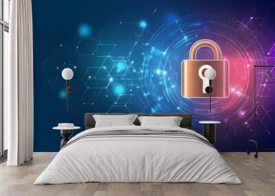 Cyber security lock icon in a virtual network grid, representing encrypted data and protected systems, modern digital design Wall mural