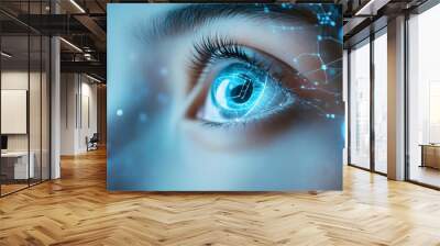 Digital Eye: Close-up of a woman's eye with futuristic, glowing network overlay.  Intriguing concept for technology, AI, and the future. Wall mural