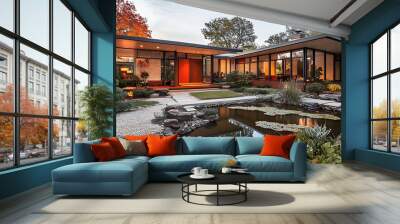 peaceful Mid Century Modern house featuring serene zen garden, surrounded by lush greenery and tranquil pond. design emphasizes harmony with nature and relaxation Wall mural