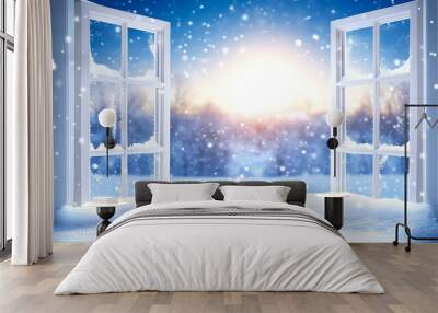 picturesque view of snowy landscape through frosted window, evoking serene winter atmosphere Wall mural