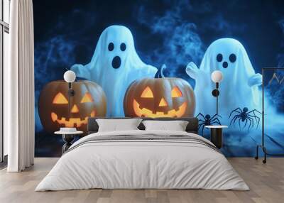 Spooky Halloween ghosts and pumpkins create festive atmosphere Wall mural