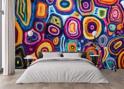 Vibrant Mola fabric pattern featuring colorful circular shapes and intricate designs, showcasing rich blend of colors and textures that evoke sense of creativity and cultural heritage Wall mural