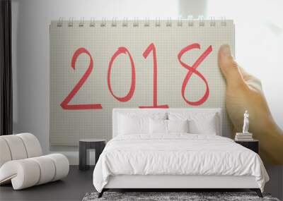 happy new year background hand of woman hold paper with message new year 2018 inside. image for festival, holiday, body, person, international, idea concept Wall mural