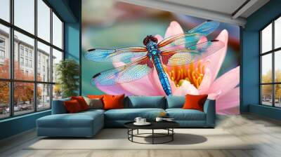 Dragonfly On A Pink Water Lily Wall mural