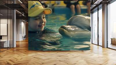 Girl Meets Dolphin in the Pool Wall mural