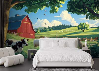 Idyllic Farm Scene with Red Barn and Animals Wall mural