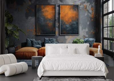 Two Poster Frame Mockup in chic loft-style living room, A large, two empty mockup frame hangs on an industrial-style wall, Wall mural