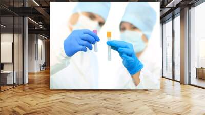 two chemists are analyzing a liquid mixture in a test tube. Wall mural