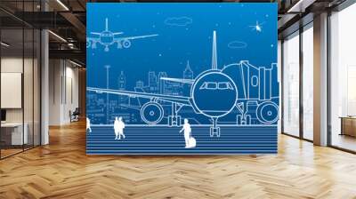 Airport panorama. The plane is on the runway. Aviation transportation infrastructure. Airplane fly, people get on the plane. Night city on background, vector design art Wall mural