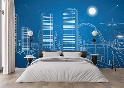 City and transport illustration, night town, vector design Wall mural