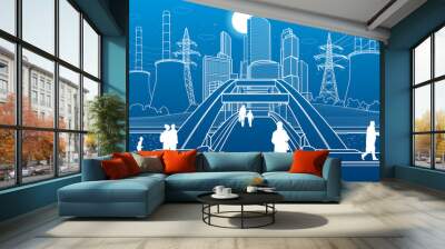 Cityscape sketch. Pedestrian bridge over the river. Power lines. Night modern city. Infrastructure town illustration. People walking at street. Vector design outline art Wall mural