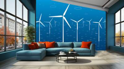 Ecology panorama, windmills, turbines at sea, wind force, energy illustration, vector design art Wall mural