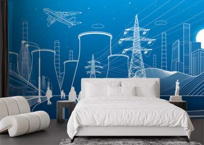 Energy illustration. Thermal power plant. Power line. Illuminated higway. People walking. Car overpass at background. Infrastructure urban scene. Vector design art Wall mural